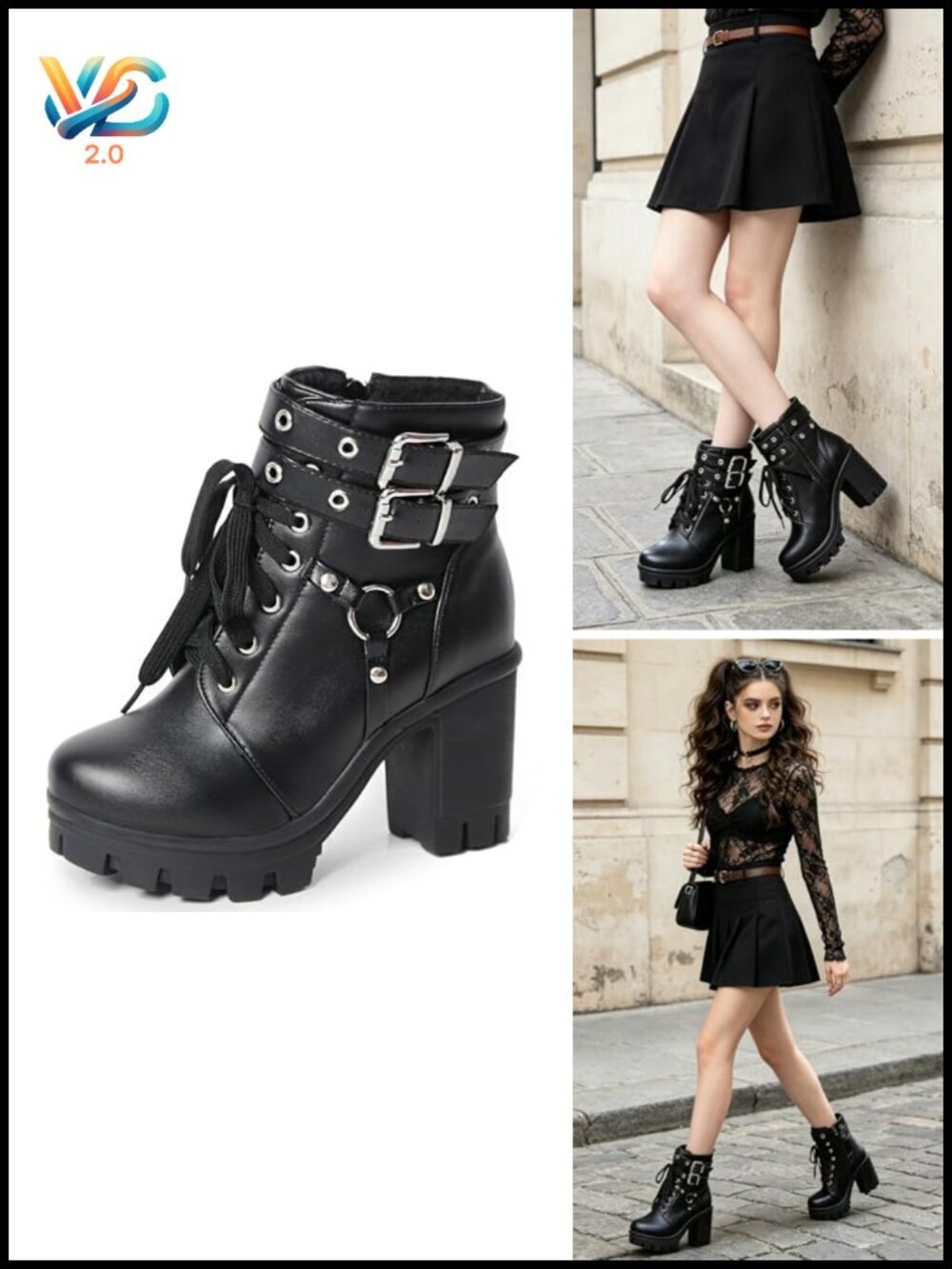 Platform Combat Boots Chunky Heel Ankle Booties Lace Up Zip Round Toe Goth Punk